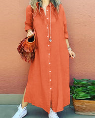 Long Sleeve V Neck Slim Fit Fashion Button Up Dress Sexy Linen Blend Long Dress Shirt Dress