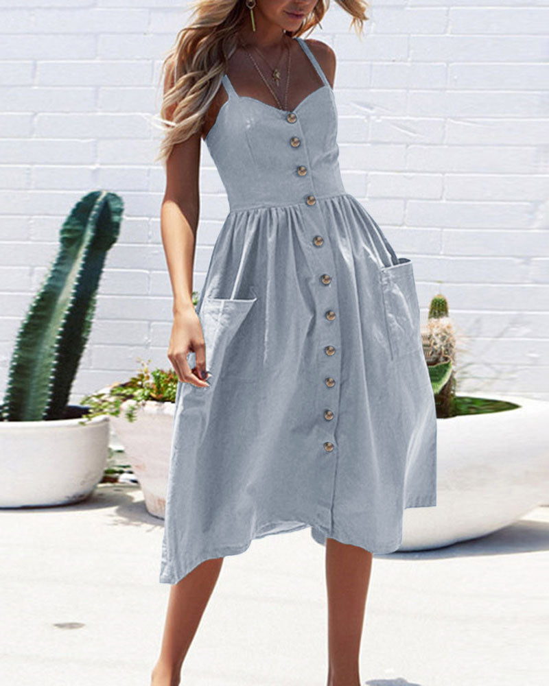 Solid Color Strap Open V-Neck Back Women's Dress with Pockets