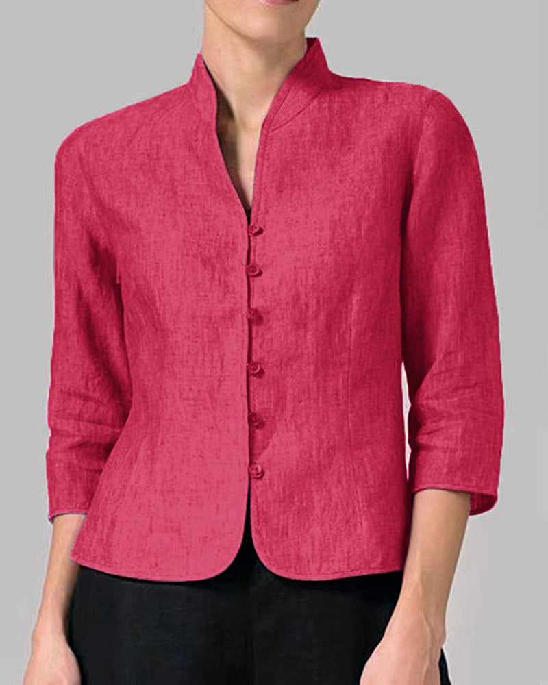 Stand Collar Button Slim Fit Three Quarter Sleeve Shirt Top