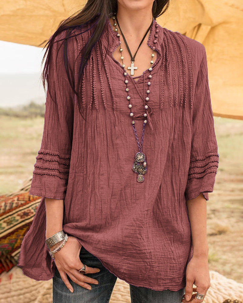 Solid V-Neck Tees Lace Splicing Fold Blouse Flowy Casual Loose Fit Shirt