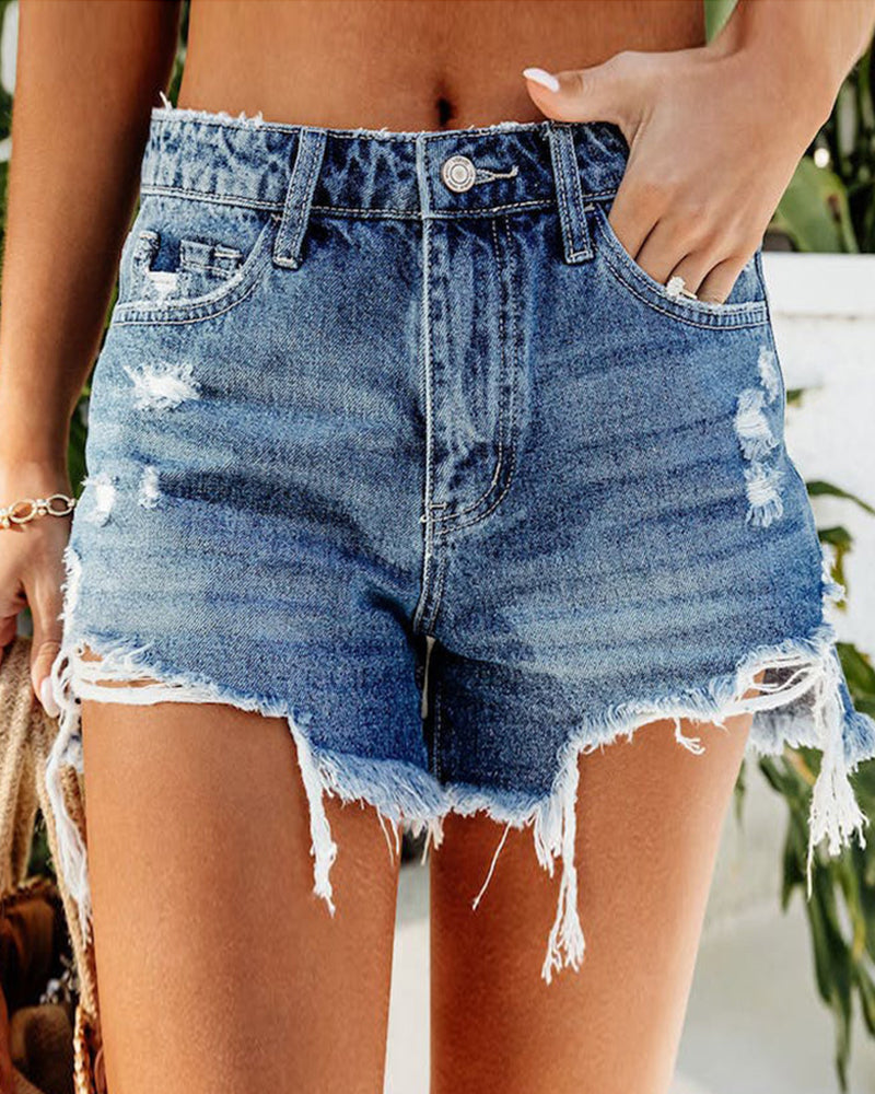 Ripped Denim Shorts High Waisted Distressed Jean Shorts Frayed Raw Hem Shorts