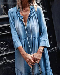 V Neck Ruffle Faux Denim Maxi Dress Plus Size Casual 3/4 Seeve Flowy Tiered Long Dresses