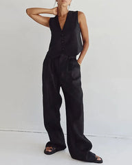 Classic Linen Vest and Wide Leg Pants Set