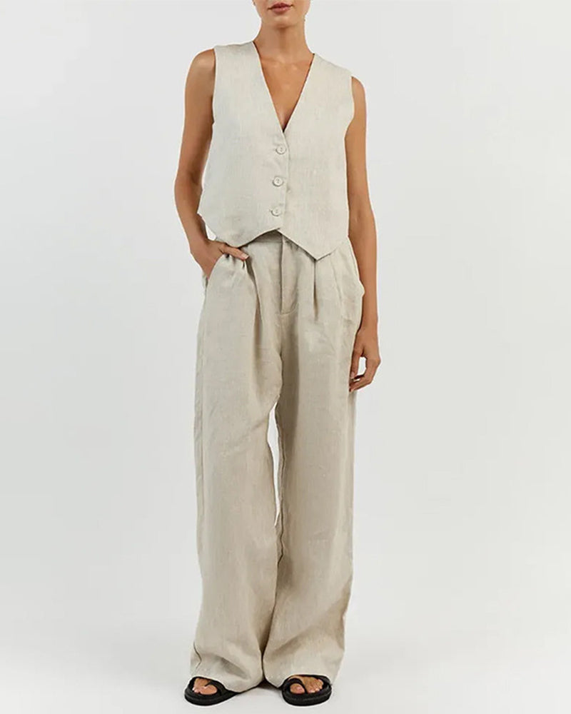 Classic Linen Vest and Wide Leg Pants Set