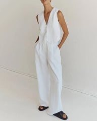 Classic Linen Vest and Wide Leg Pants Set