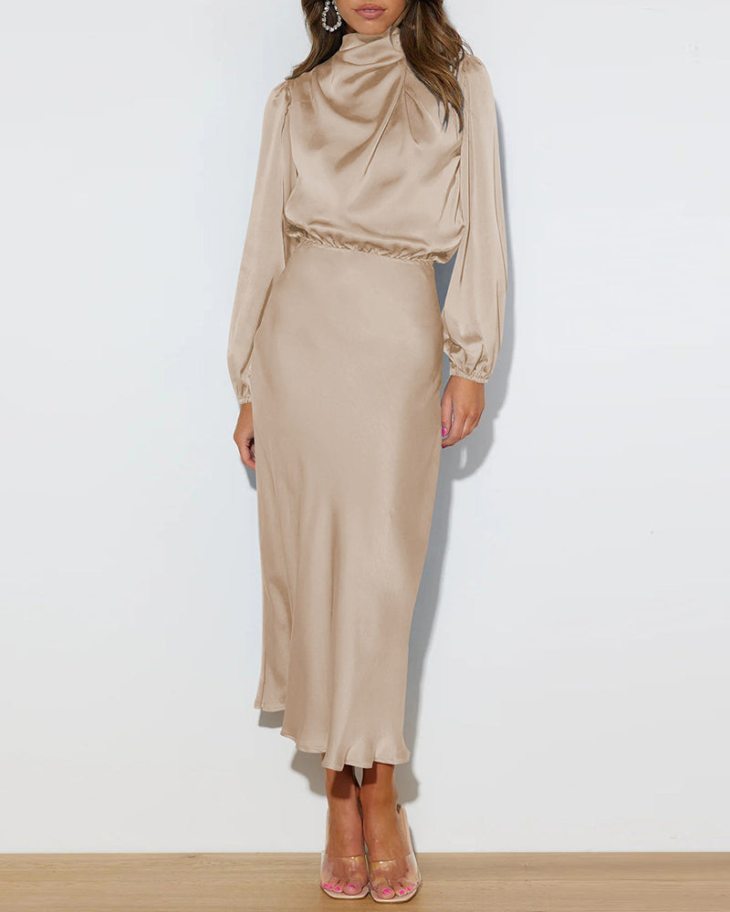Satin Long-Sleeved Loose Fit Dress Elegant Evening Party Dresses