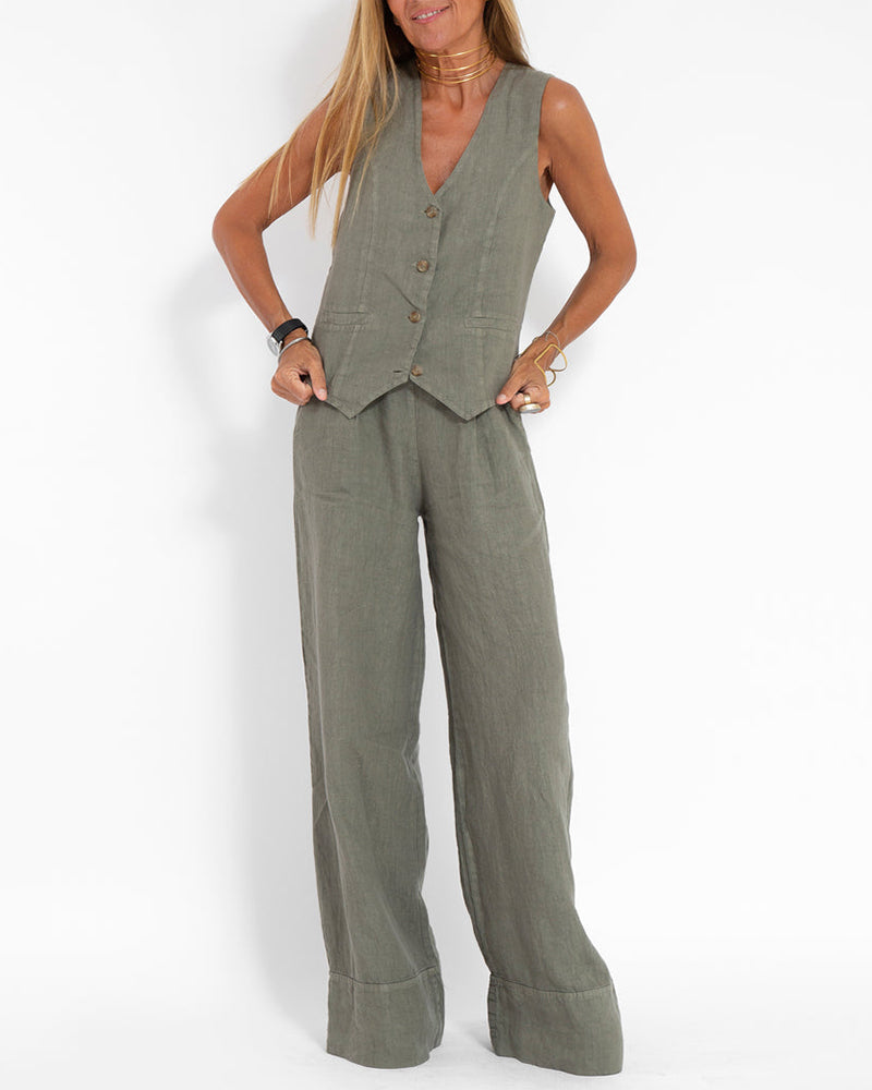 Effortlessly Chic Cotton Sleeveless Vest and Wide Leg Pants Set
