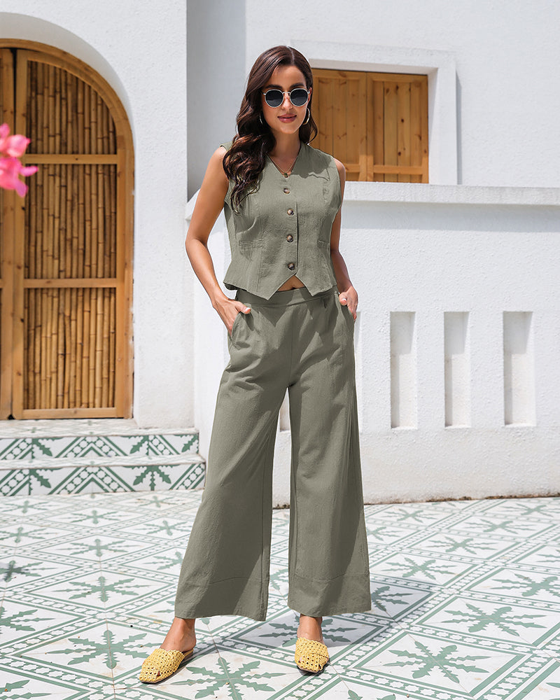 Effortlessly Chic Cotton Sleeveless Vest and Wide Leg Pants Set