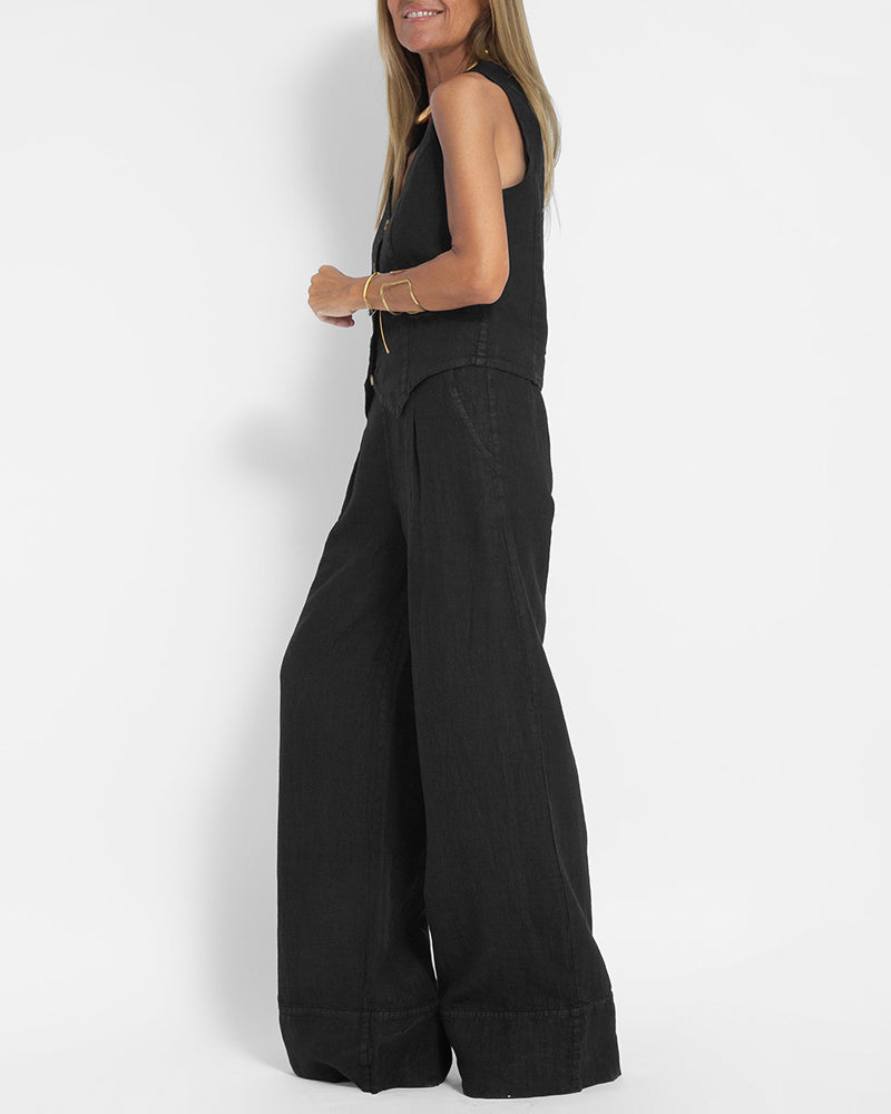 Effortlessly Chic Cotton Sleeveless Vest and Wide Leg Pants Set