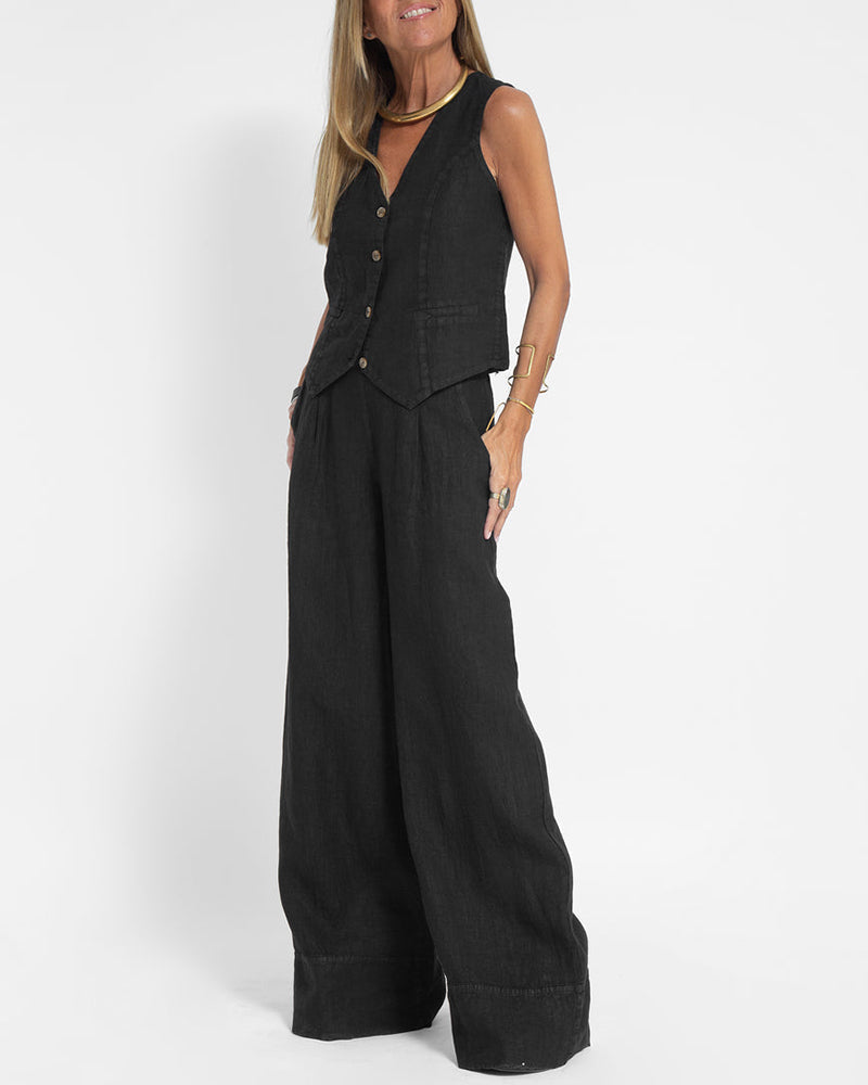 Effortlessly Chic Cotton Sleeveless Vest and Wide Leg Pants Set