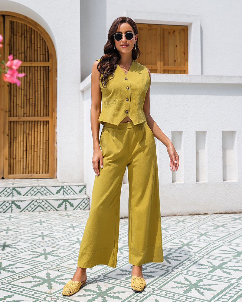 Effortlessly Chic Cotton Sleeveless Vest and Wide Leg Pants Set