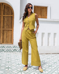 Effortlessly Chic Cotton Sleeveless Vest and Wide Leg Pants Set