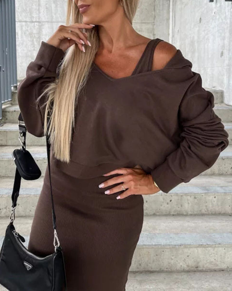 Elegant Two-piece Set Sexy V-neck Off-shoulder Sweatshirt & Sleeveless Knitted Dress Skirt