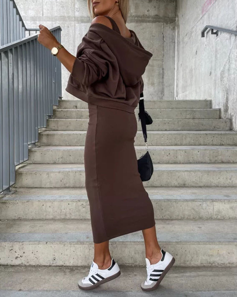 Elegant Two-piece Set Sexy V-neck Off-shoulder Sweatshirt & Sleeveless Knitted Dress Skirt