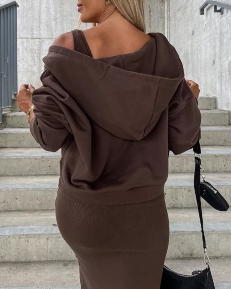 Elegant Two-piece Set Sexy V-neck Off-shoulder Sweatshirt & Sleeveless Knitted Dress Skirt