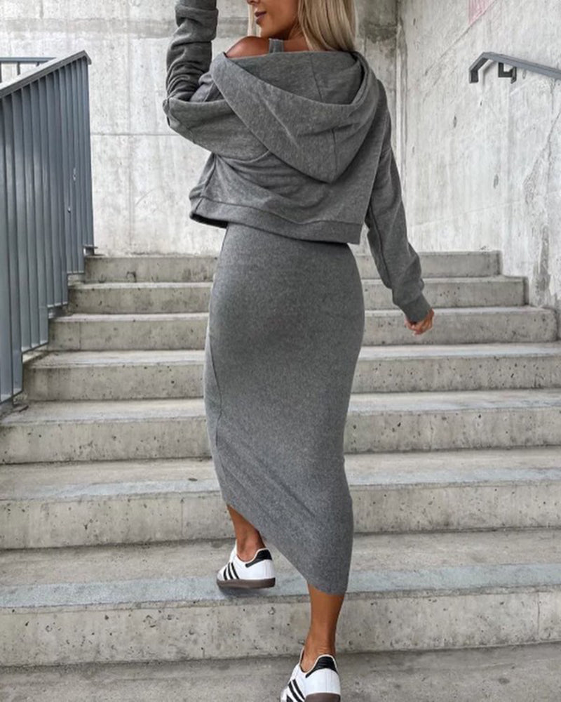 Elegant Two-piece Set Sexy V-neck Off-shoulder Sweatshirt & Sleeveless Knitted Dress Skirt