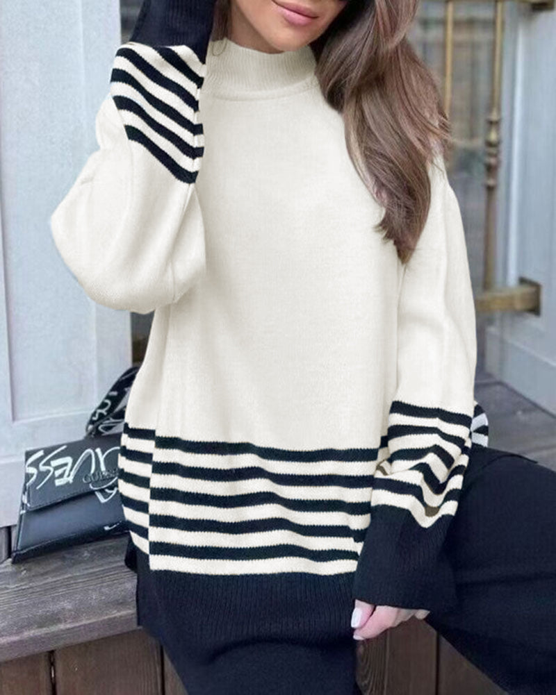 Casual Loose Knitted Two-piece Set Wide-leg Pants Contrast Color Sweater Suit