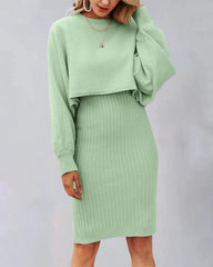 Women's Two Pieces Sets Long Sleeve Lazy Style Fashionable Sweater + Solid Knitted Skirt Dress