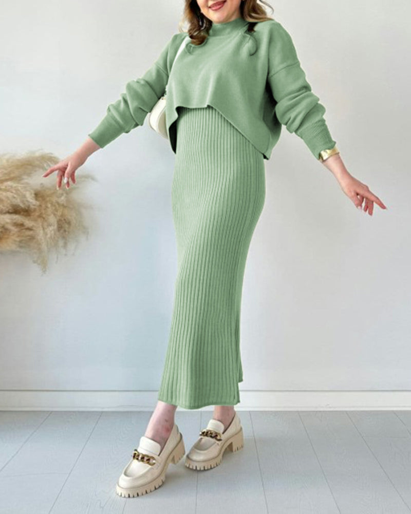 Knitted Sleeveless Sweater Dress Two-piece Set
