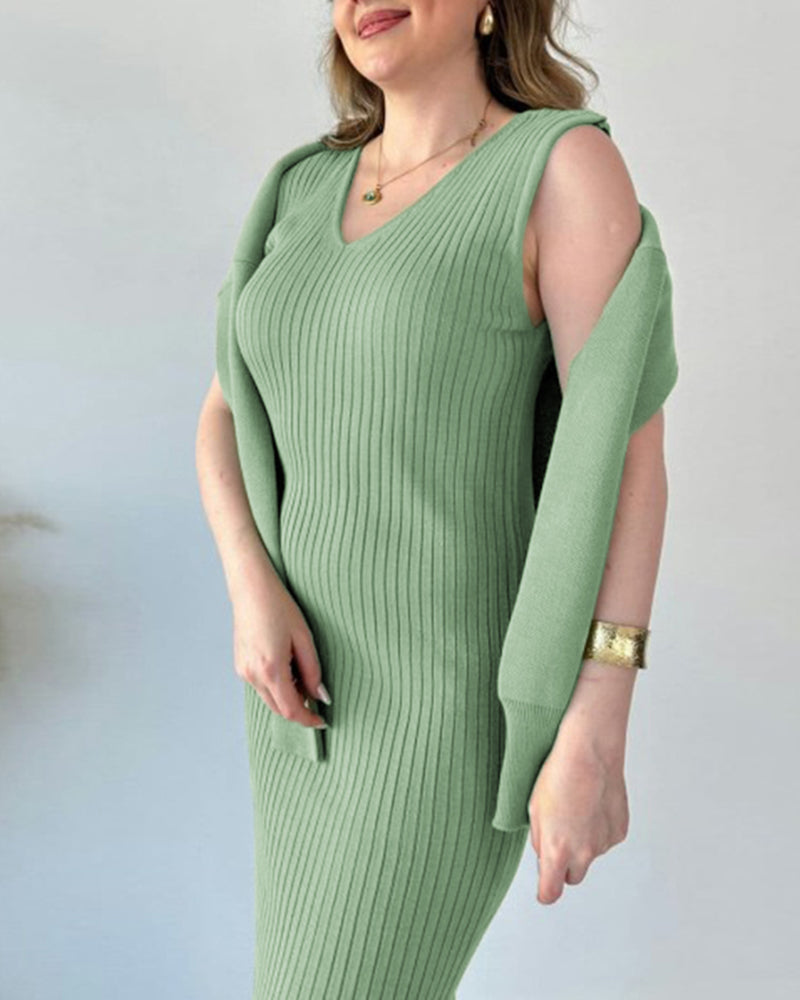 Knitted Sleeveless Sweater Dress Two-piece Set