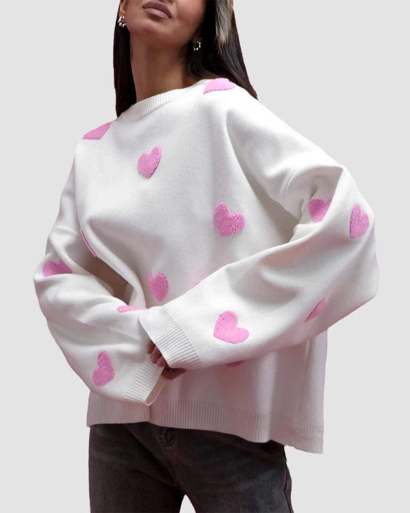 Heart Pattern Embroidered Crew Neck Sweater