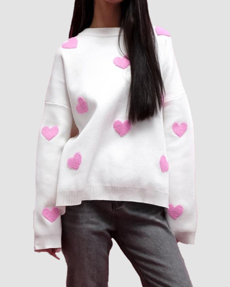 Heart Pattern Embroidered Crew Neck Sweater