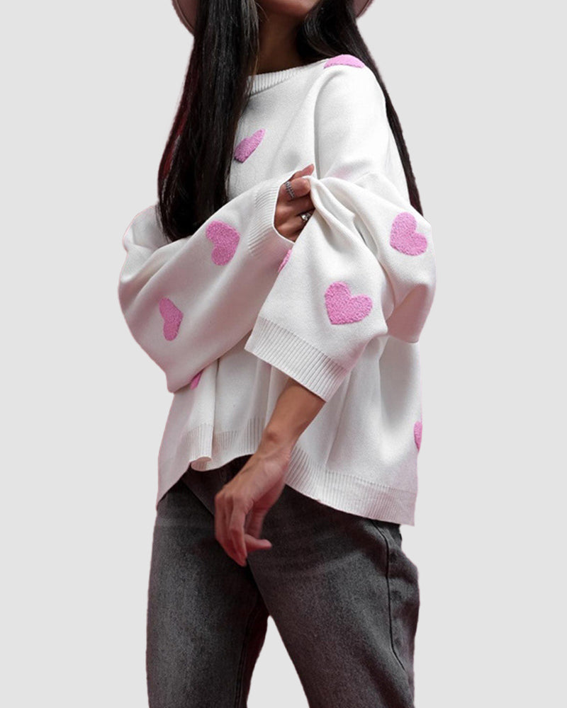 Heart Pattern Embroidered Crew Neck Sweater