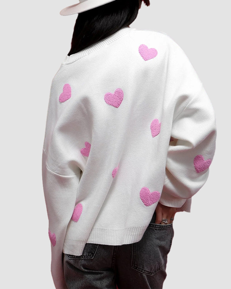 Heart Pattern Embroidered Crew Neck Sweater