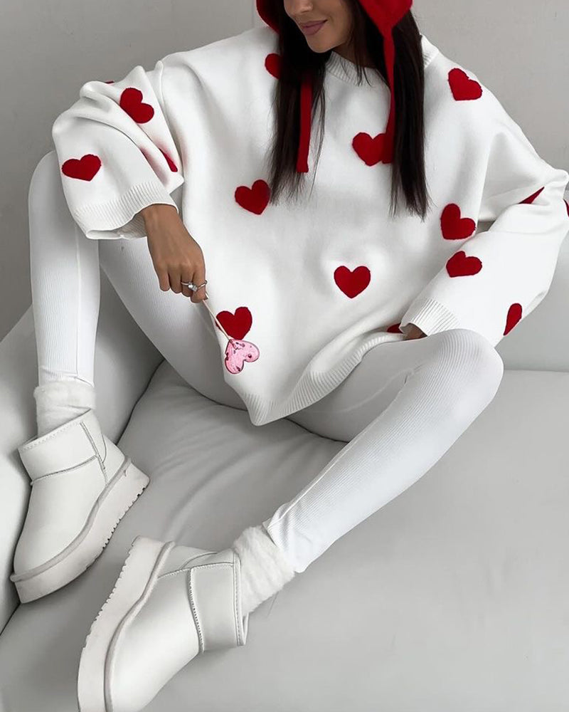 Heart Pattern Embroidered Crew Neck Sweater