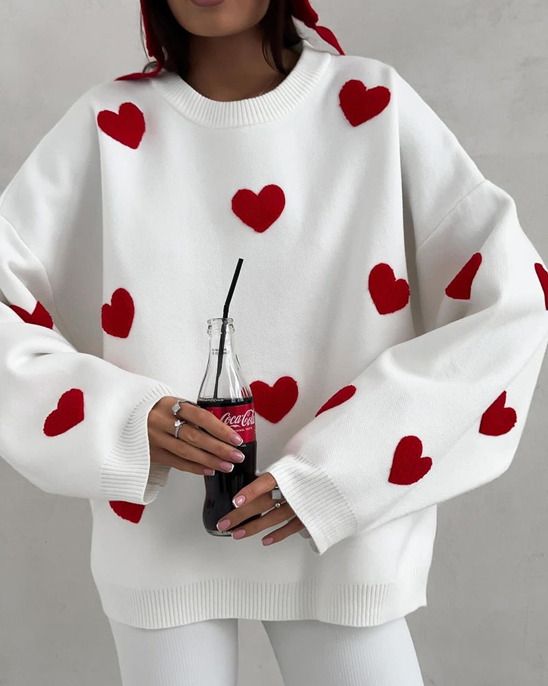 Heart Pattern Embroidered Crew Neck Sweater