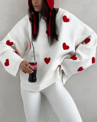 Heart Pattern Embroidered Crew Neck Sweater