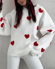 Heart Pattern Embroidered Crew Neck Sweater