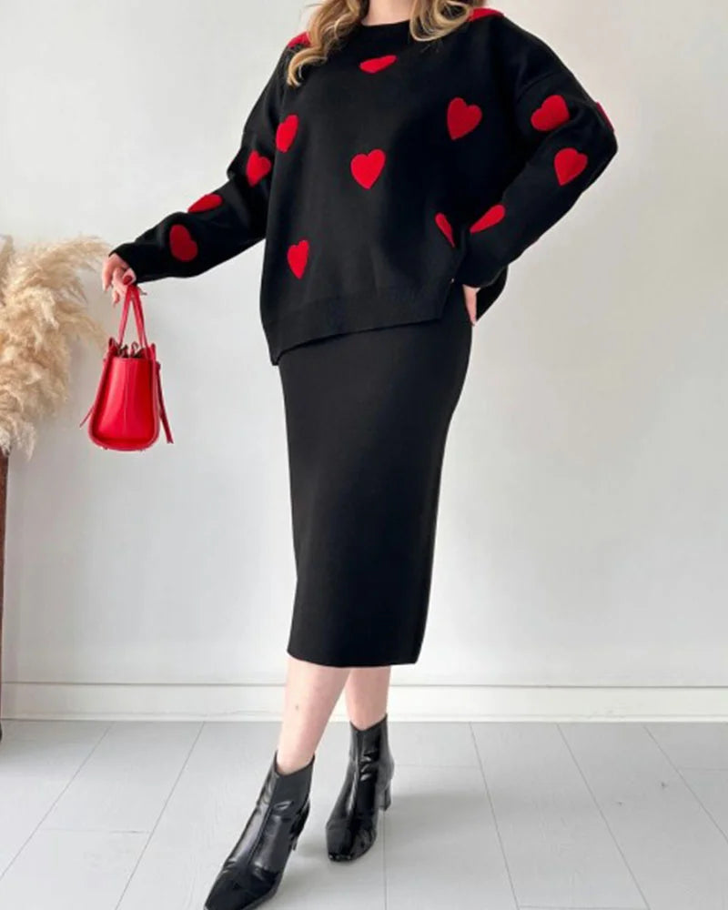 Chic Two-piece Set Hearts Knit Pullover and Hip Wrap Skirt