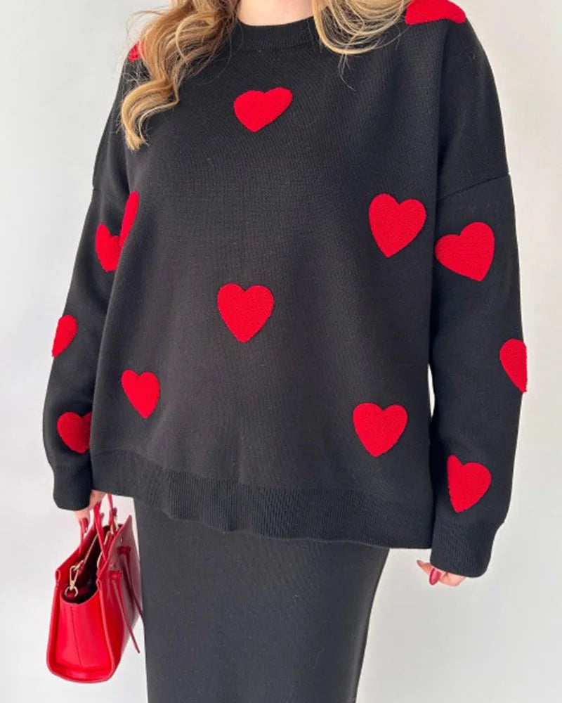 Chic Two-piece Set Hearts Knit Pullover and Hip Wrap Skirt