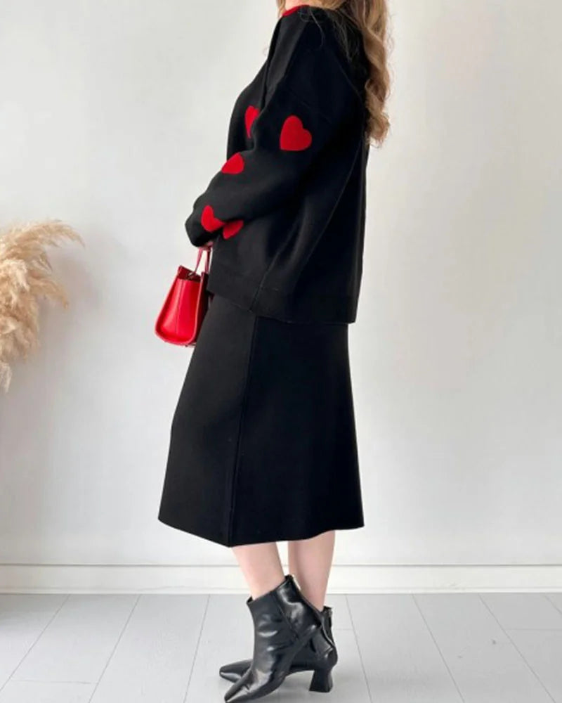 Chic Two-piece Set Hearts Knit Pullover and Hip Wrap Skirt