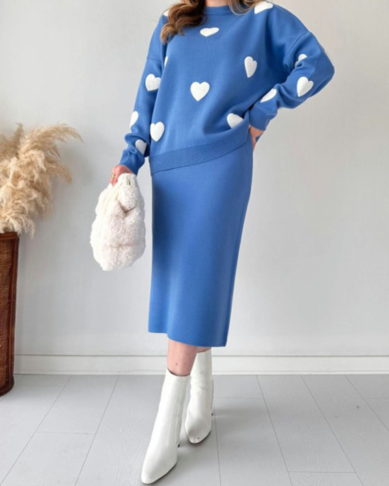 Chic Two-piece Set Hearts Knit Pullover and Hip Wrap Skirt