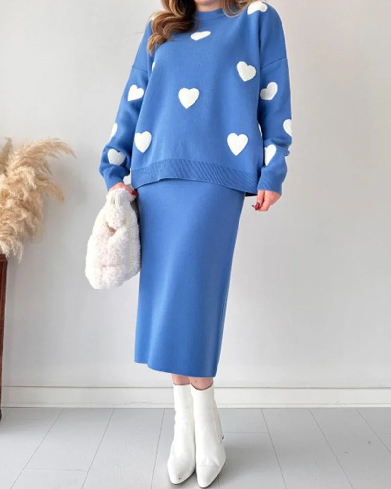Chic Two-piece Set Hearts Knit Pullover and Hip Wrap Skirt