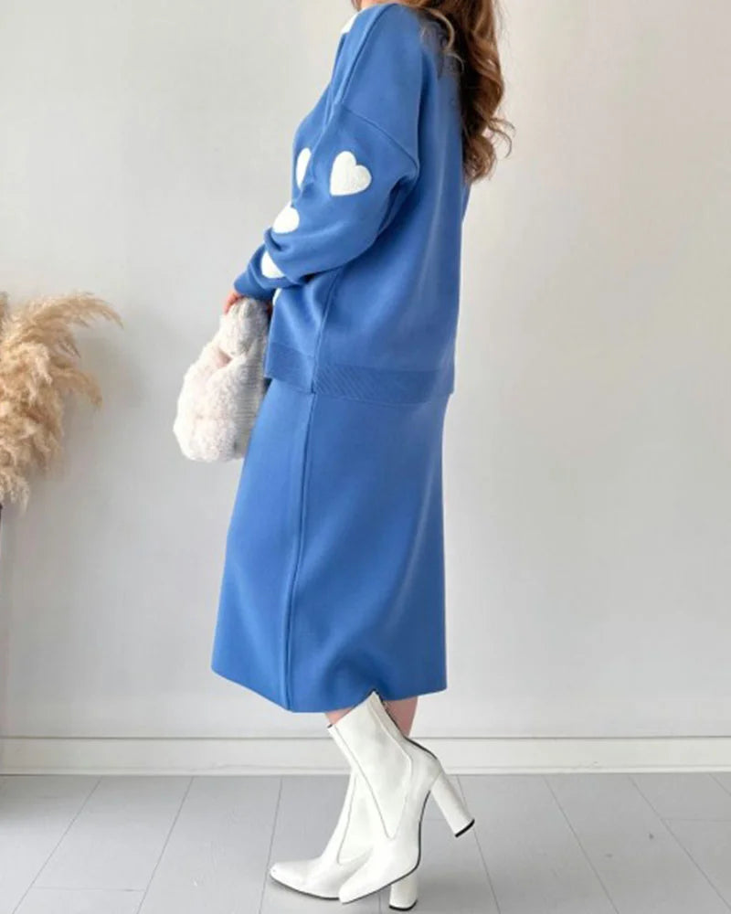 Chic Two-piece Set Hearts Knit Pullover and Hip Wrap Skirt