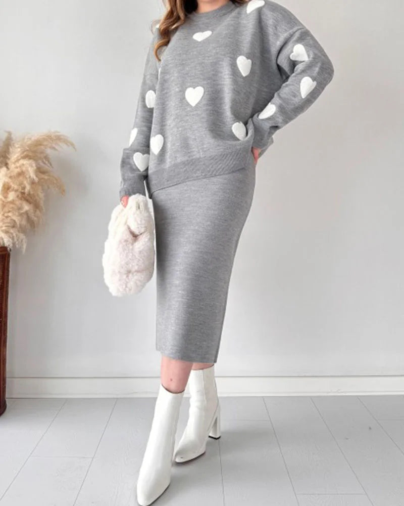 Chic Two-piece Set Hearts Knit Pullover and Hip Wrap Skirt