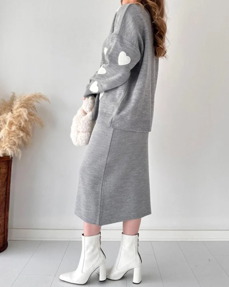 Chic Two-piece Set Hearts Knit Pullover and Hip Wrap Skirt