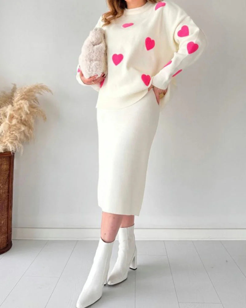Chic Two-piece Set Hearts Knit Pullover and Hip Wrap Skirt