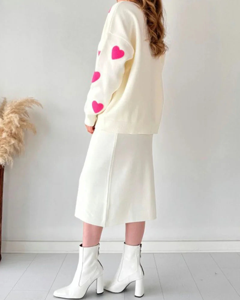 Chic Two-piece Set Hearts Knit Pullover and Hip Wrap Skirt