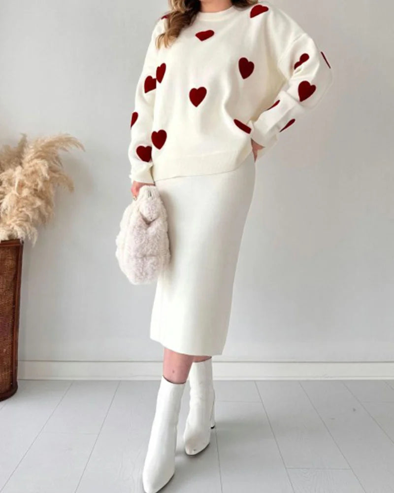 Chic Two-piece Set Hearts Knit Pullover and Hip Wrap Skirt