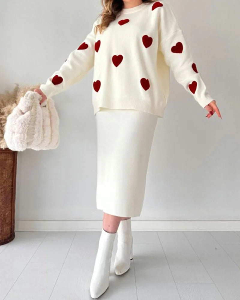 Chic Two-piece Set Hearts Knit Pullover and Hip Wrap Skirt