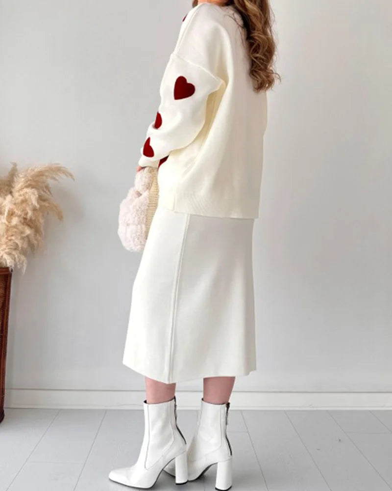 Chic Two-piece Set Hearts Knit Pullover and Hip Wrap Skirt