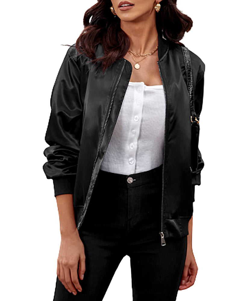 Women Classic Solid Biker Jacket Zip Up Bomber Jacket - Zeagoo (Us Only)