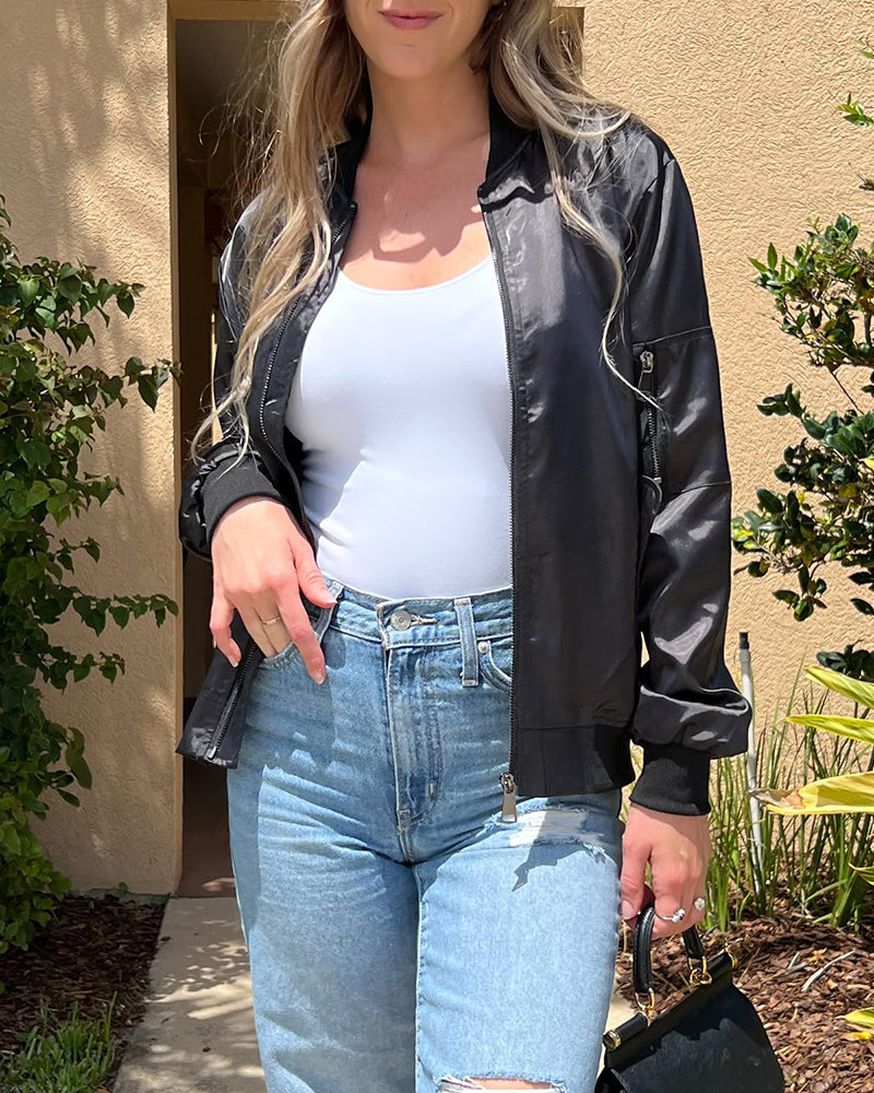 Women Classic Solid Biker Jacket Zip Up Bomber Jacket - Zeagoo (Us Only)