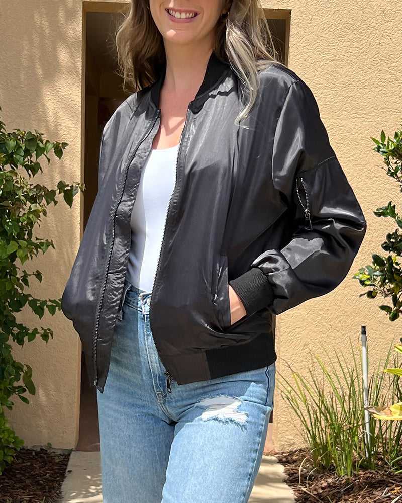 Women Classic Solid Biker Jacket Zip Up Bomber Jacket - Zeagoo (Us Only)