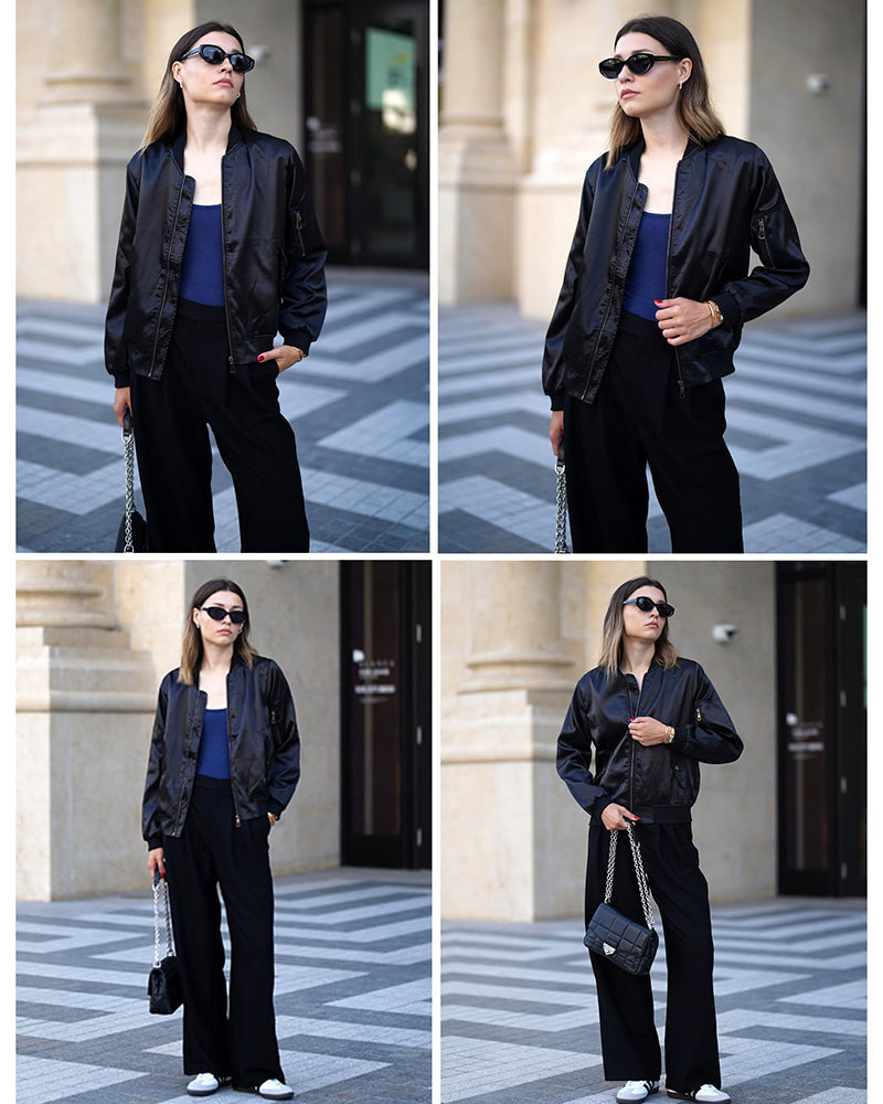 Women Classic Solid Biker Jacket Zip Up Bomber Jacket - Zeagoo (Us Only)