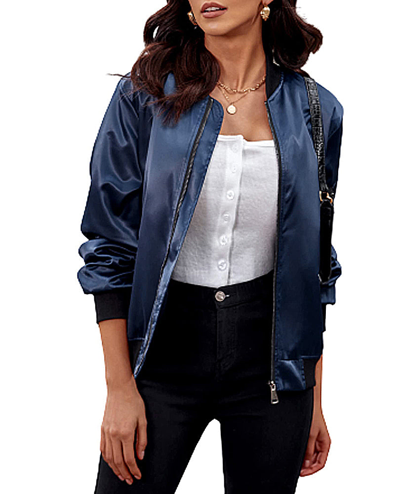 Women Classic Solid Biker Jacket Zip Up Bomber Jacket - Zeagoo (Us Only)